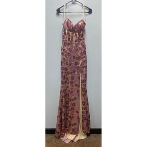 Nox Anabel Floral Sequin Corset Formal Gown Pink Gold Size 2 Prom Pageant Slit